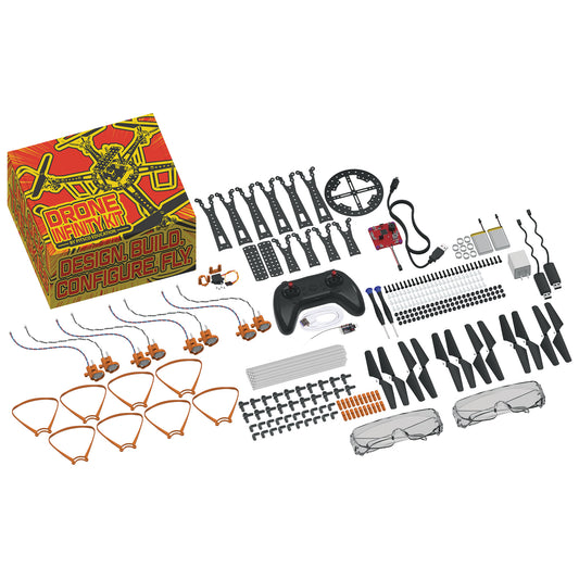Drone infinity kit with various components including propellers, guards, batteries, and controller