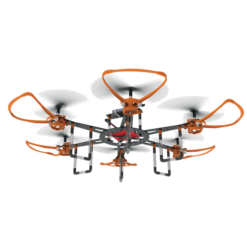 Infinity drone with orange and black arms and spinning propellers