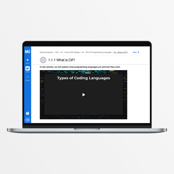 A laptop displaying an online coding course interface with a video lecture titled 'Types of Coding Languages'.