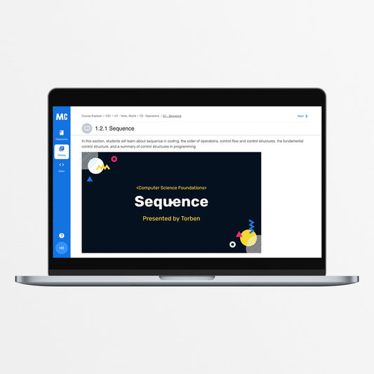 A laptop displaying an online educational platform with a course interface titled 'Sequence' by Tom.