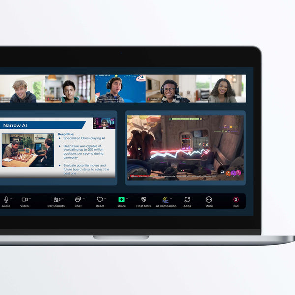 A laptop displaying a digital learning platform with multiple windows open, showing various educational subjects and interactive tools.
