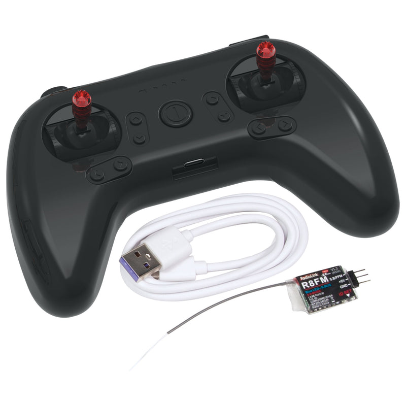 drone infinity Radiolink T8S transmitter, Radiolink R8FM receiver, and USB charging cable
