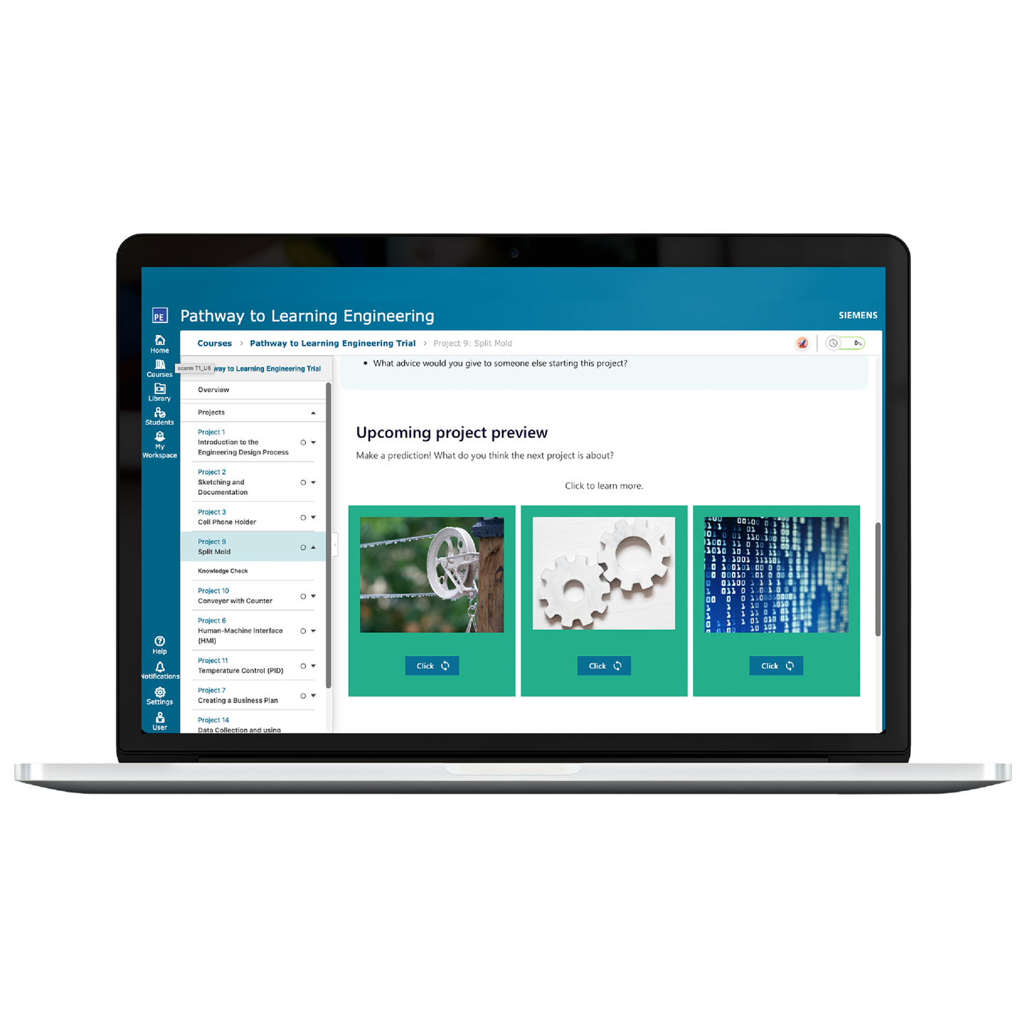 Laptop displaying a learning platform interface with project previews