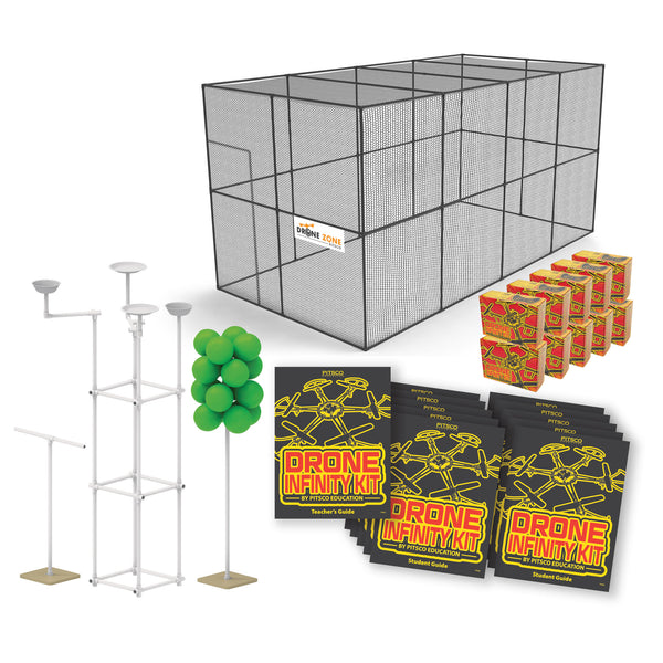 Drone Infinity Kit packaging, teacher's guides, field elements, and drone arena