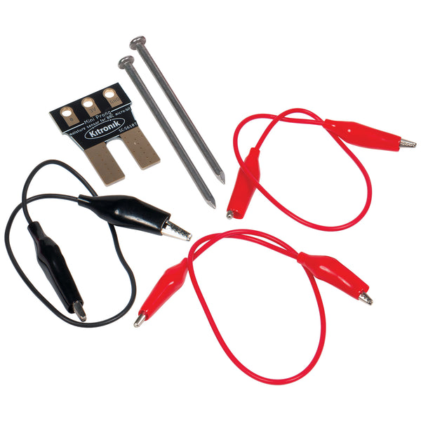 Electrical testing kit with probes, clip leads, and metal nails