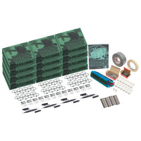12 drone maker kit boxes with various materials including propellers and guards, tubes, batteries, and tape, along with landing practice guide