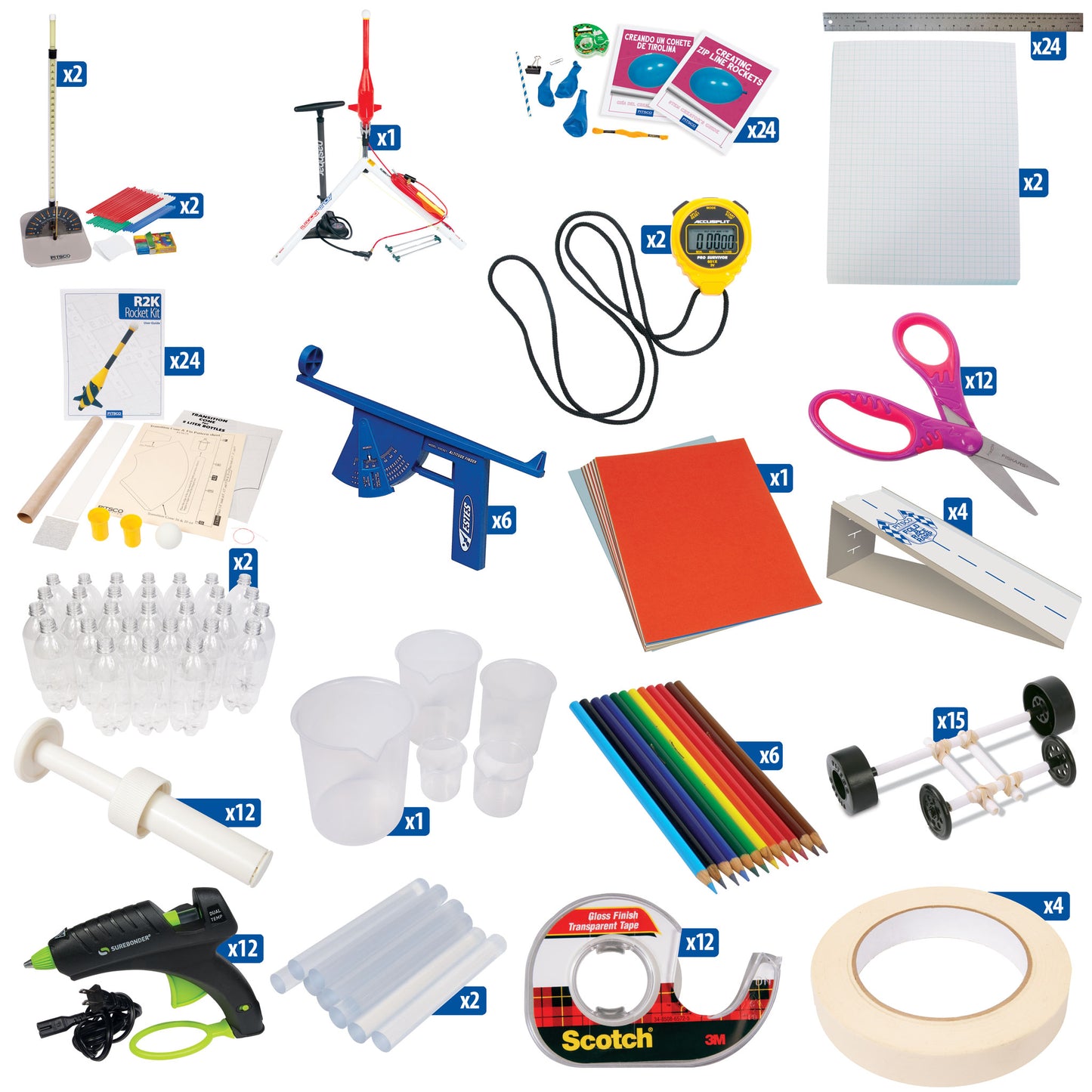 straw rocket pack, water rocket pack, zipline rocket pack, r2k rocket pack, and various tools and materials 