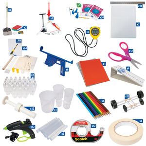 straw rocket pack, water rocket pack, zipline rocket pack, r2k rocket pack, and various tools and materials 