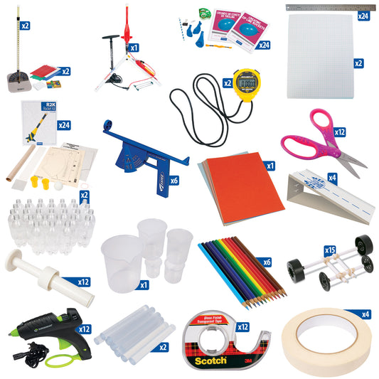straw rocket pack, water rocket pack, zipline rocket pack, r2k rocket pack, and various tools and materials 