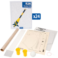 r2k water rocket kit, including nose cone, tube, pattern sheet, and guide