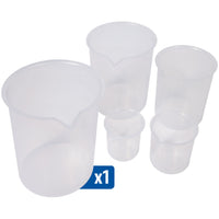 Set of five plastic beakers of various sizes