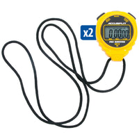 Yellow digital stopwatch with black lanyard