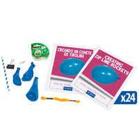 Zip line rockets guide, yarn, balloons, tape, straw, binder clip, and paper clip