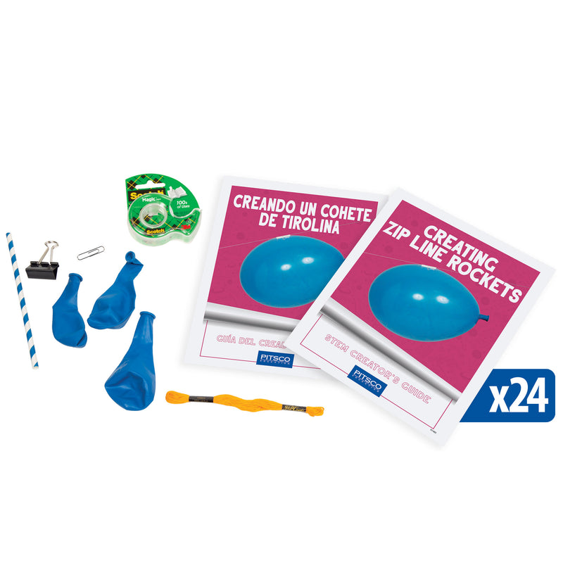 Zip line rockets guide, yarn, balloons, tape, straw, binder clip, and paper clip