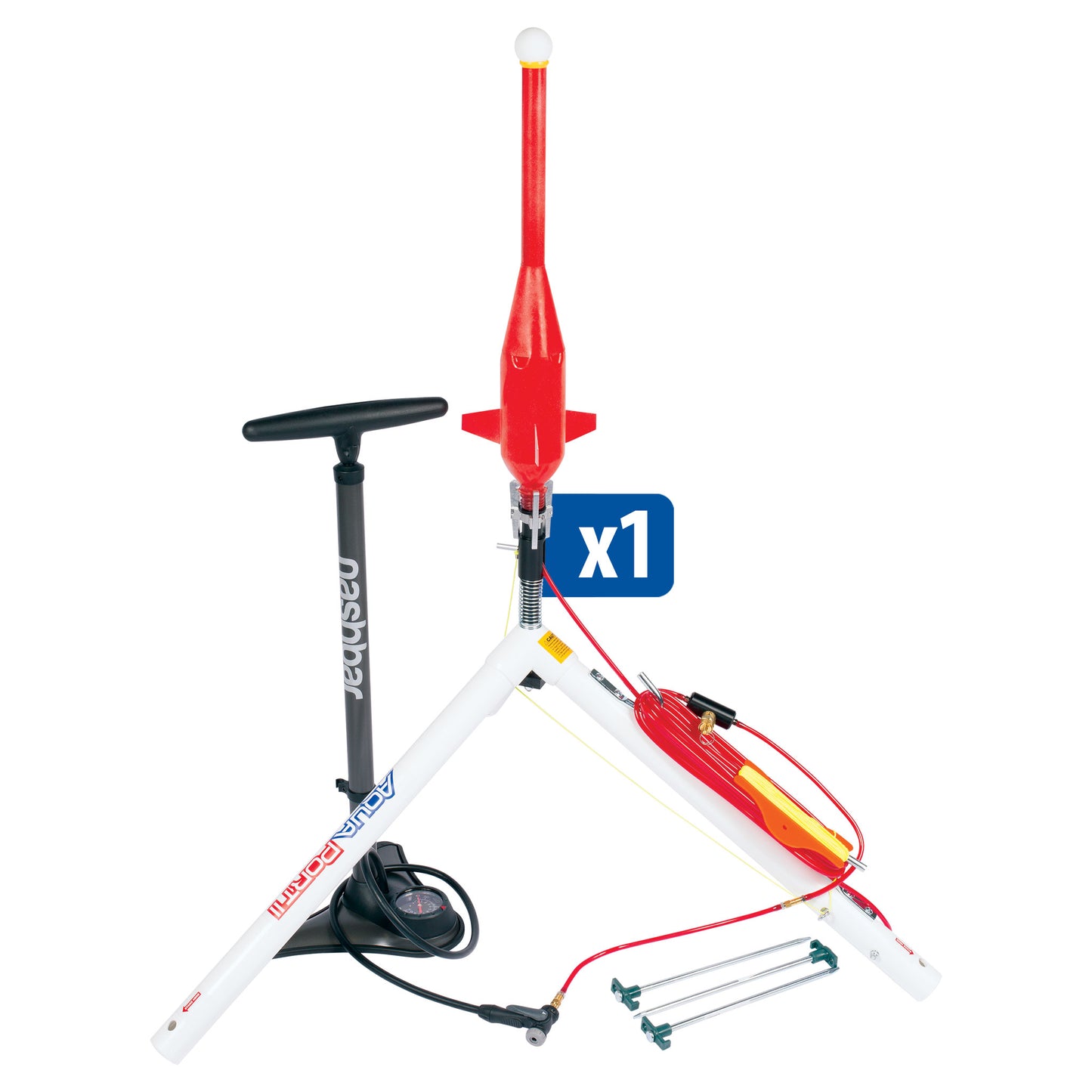 red water rocket launching from the aqua port launcher with bike pump attached