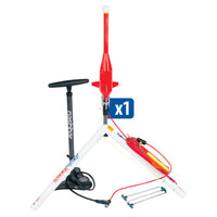 red water rocket launching from the aqua port launcher with bike pump attached