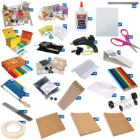 inventions kit, creating inventions kit, 3doodler kit, ap dragsters kit and launcher, and various materials and tools