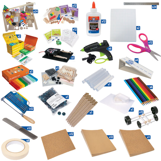 inventions kit, creating inventions kit, 3doodler kit, ap dragsters kit and launcher, and various materials and tools