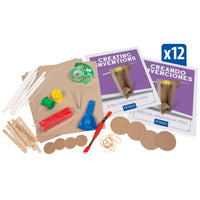 creating inventions guide with various craft materials such as tape, clay, spools, craft sticks, and straws