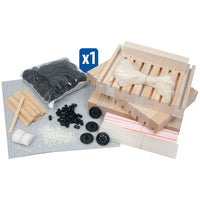 Wooden car blanks with various materials to make dragsters, including wheels, and straws