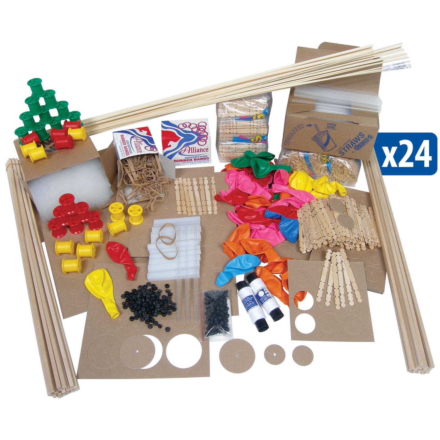Assorted craft supplies including craft sticks, balsa sticks, balloons, spools, yarn, and others