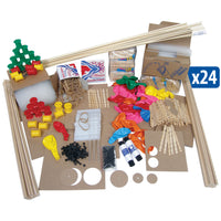 Assorted craft supplies including craft sticks, balsa sticks, balloons, spools, yarn, and others