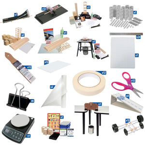 Collage of various tools and materials with quantities indicated.