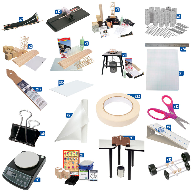 Collage of various tools and materials with quantities indicated.