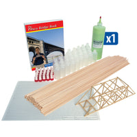 Pitsco Bridge Book, wood glue, and wooden balsa sticks along with other components
