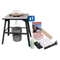 Set of items including a stand with a truss tester and bucket, a bridge book, and other components needed to build model bridges.
