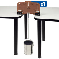 Two tables with a bucket hanging on a truss tester mechanism