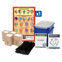 Blue bins, poster, boxes of paper straws, and chenille stems with curriculum guides