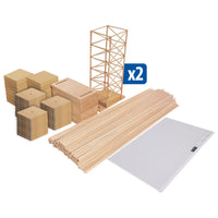 Collection of earthquake plates, balsa wood, and grid paper, with a model tower