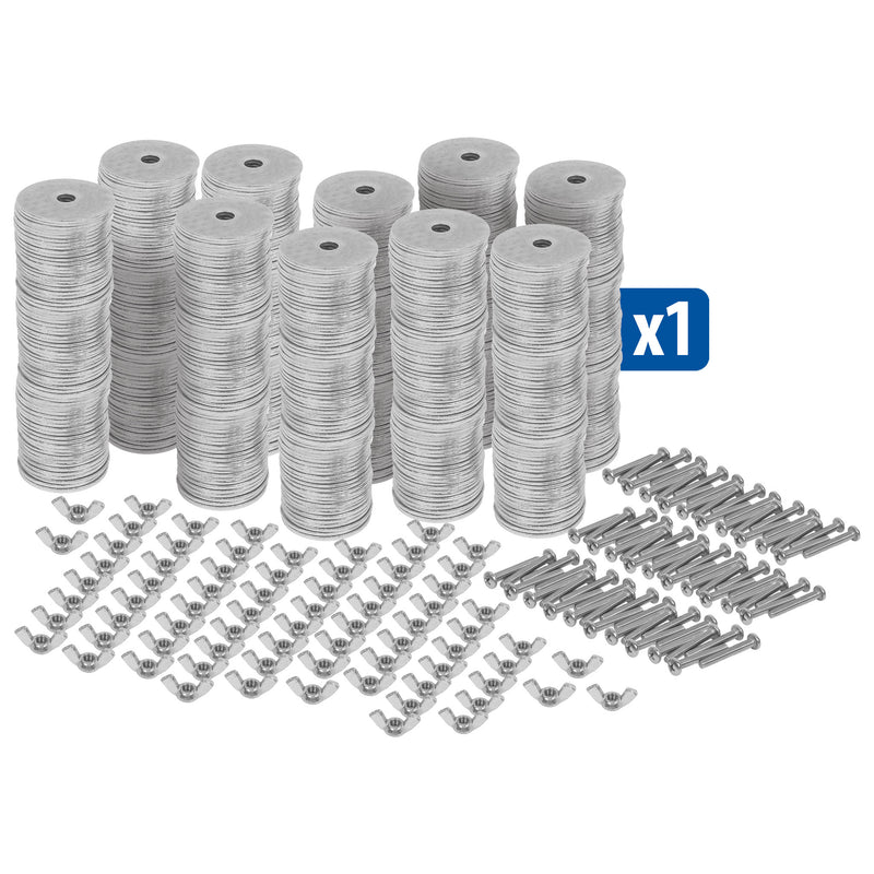 Set of metal washers, screws, and other components