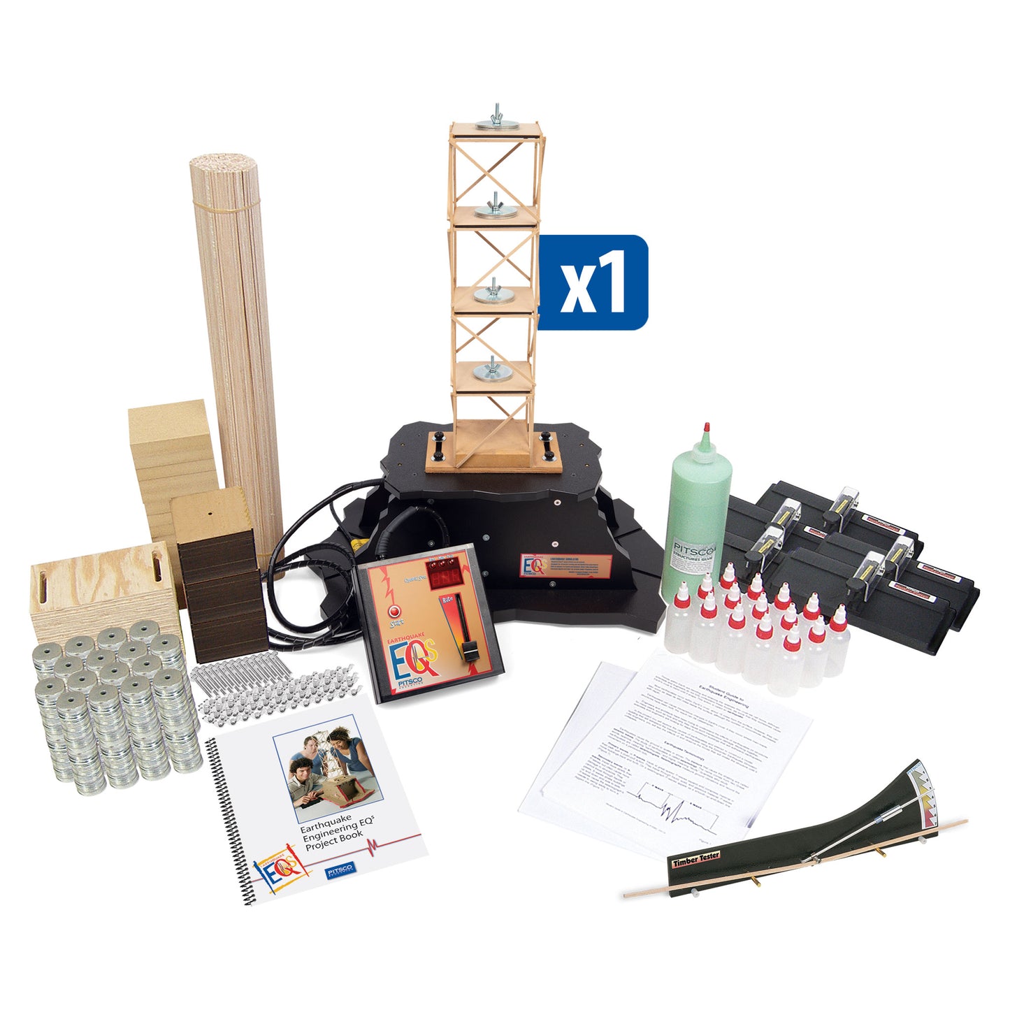 EQs tester, with earthquake tower, balsa wood, timber tester, wood glue, and other components