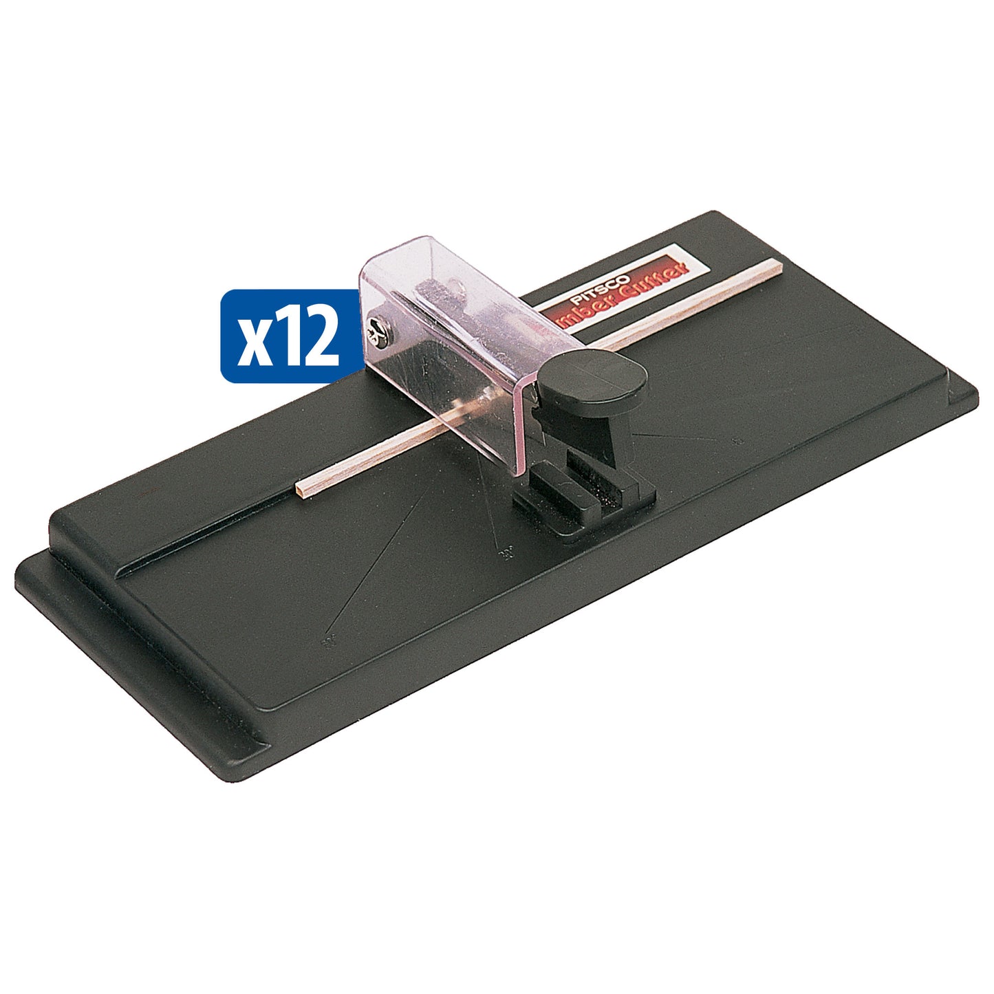 Black Pitsco timber cutter cutting a piece of balsa wood