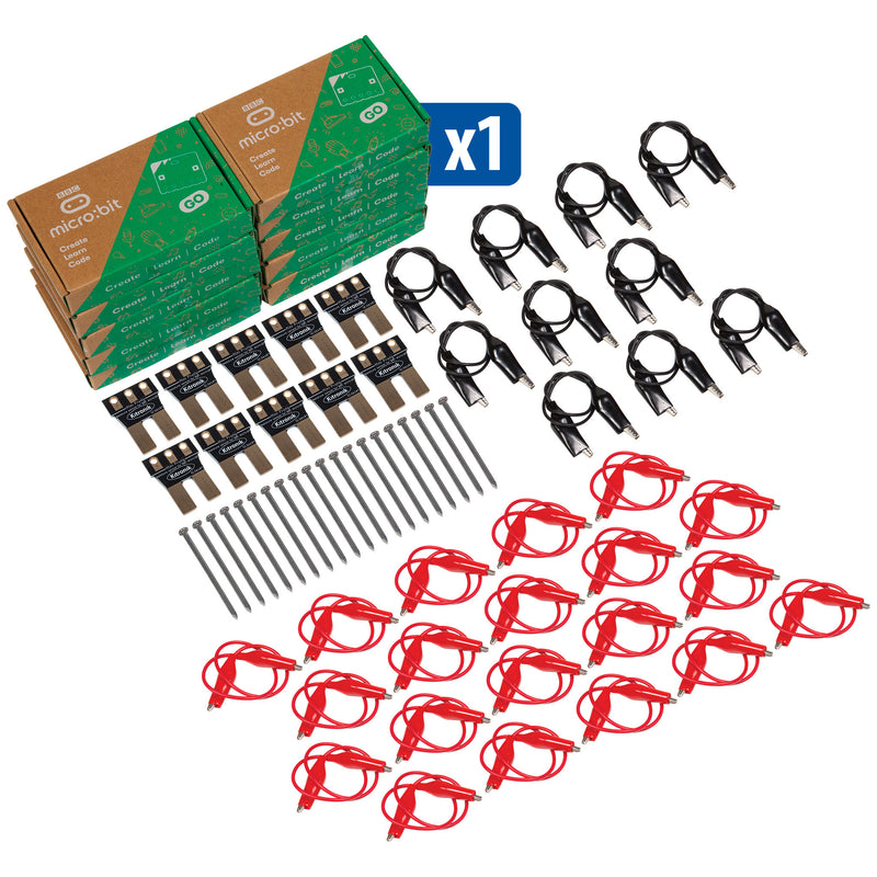 Collection of electronic components including connectors, wires, and a micro:bit box