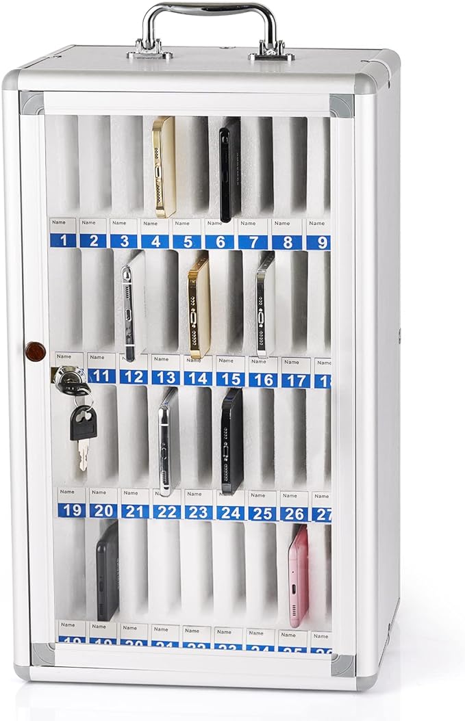 Aluminum phone locking case with individually numbered, padded compartments