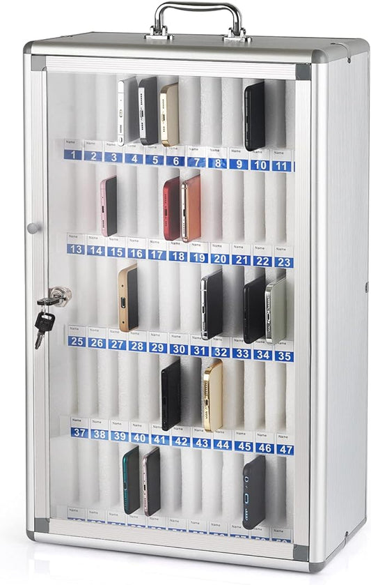 Aluminum phone locking case with individually numbered, padded compartments