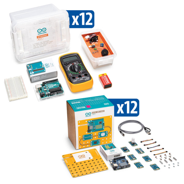 Two Arduino kits with electronic components and packaging