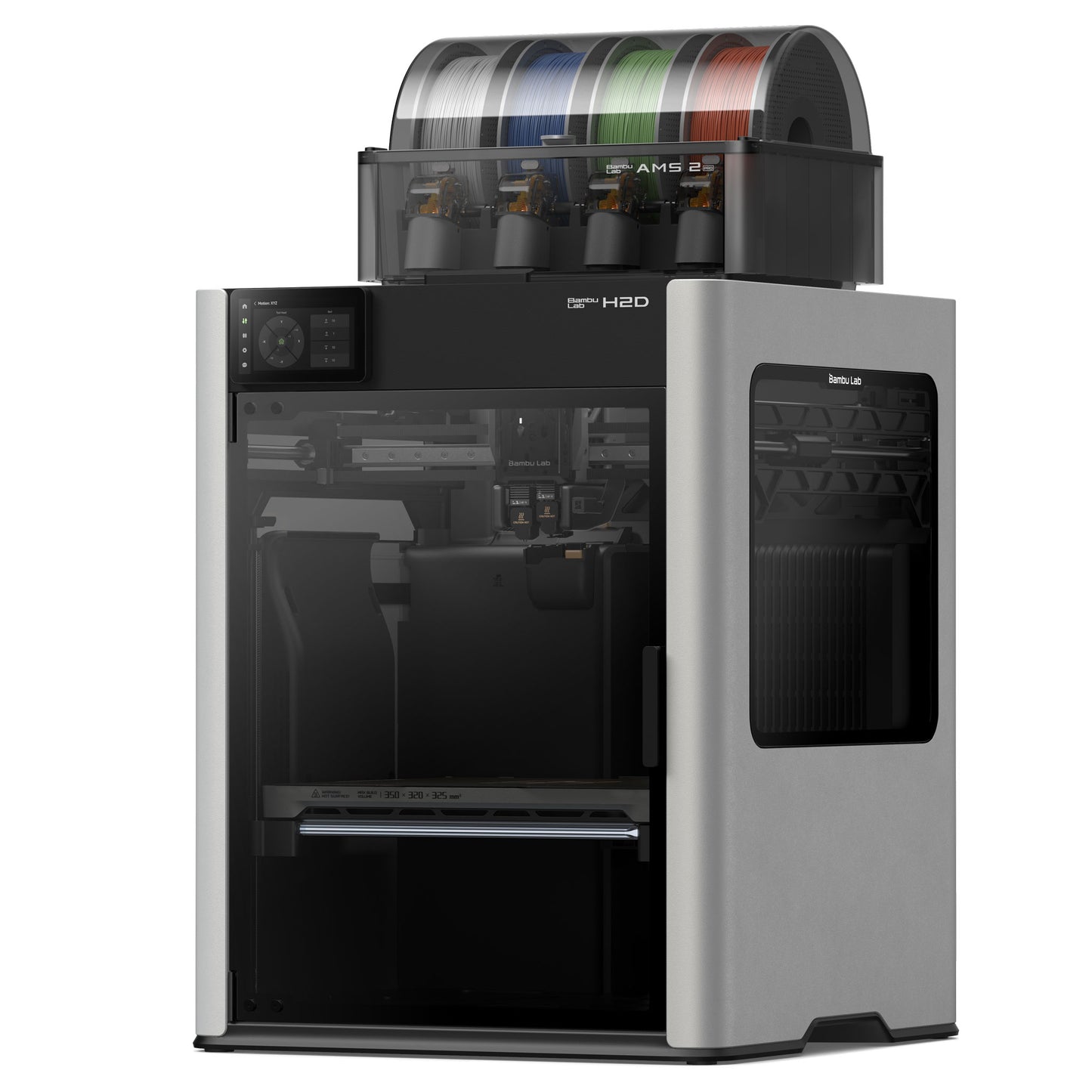 Grey and black Bambu 3D printer with colorful filament spools