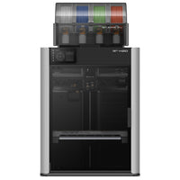 Black 3D printer with colorful filament spools