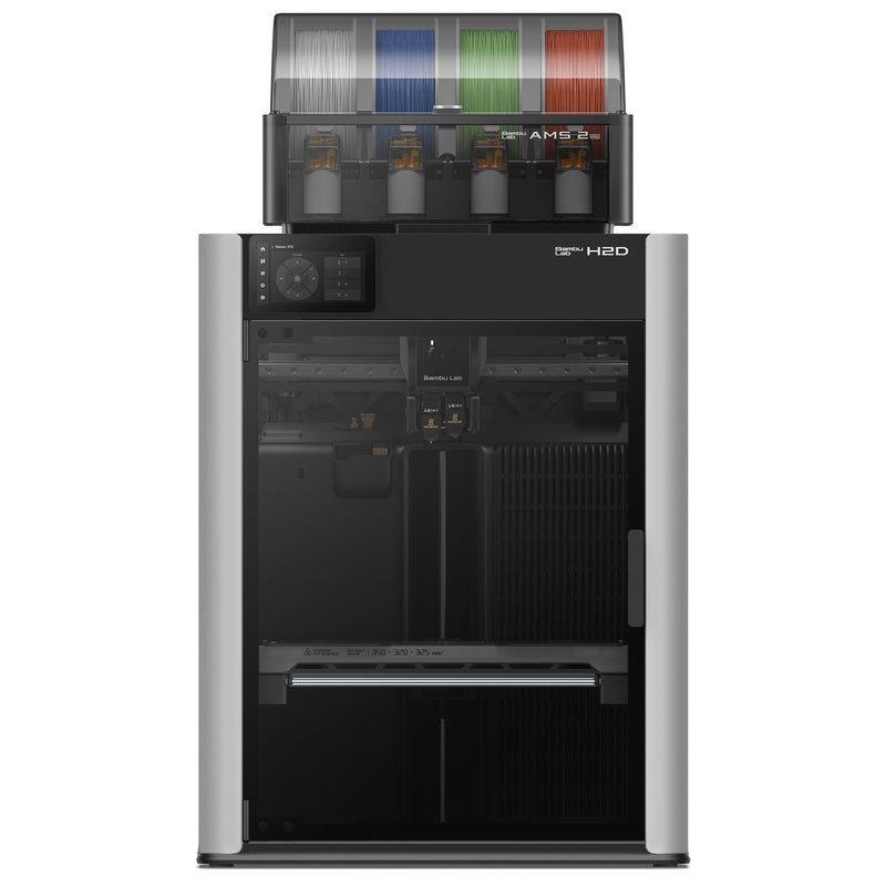Black 3D printer with colorful filament spools