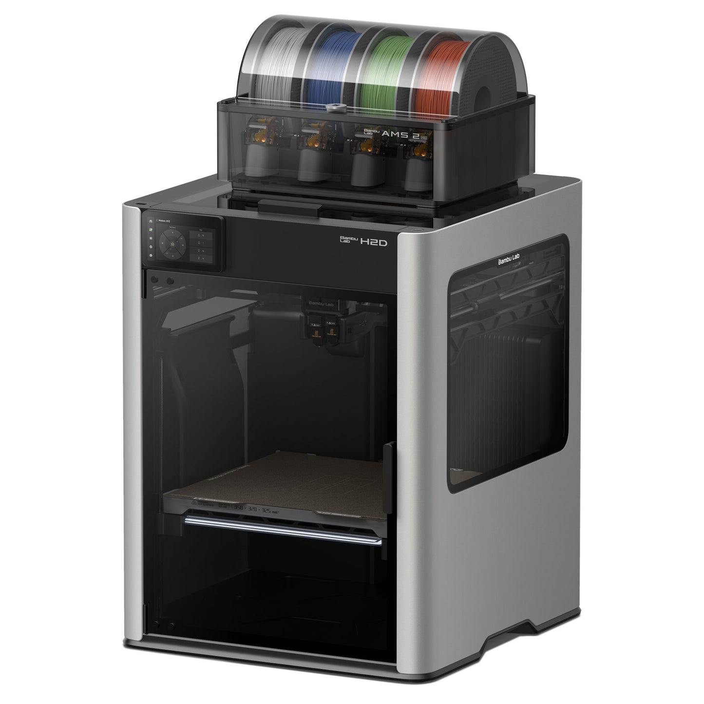 Grey and black Bambu 3D printer with colorful filament spools