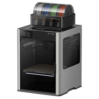 Grey and black Bambu 3D printer with colorful filament spools