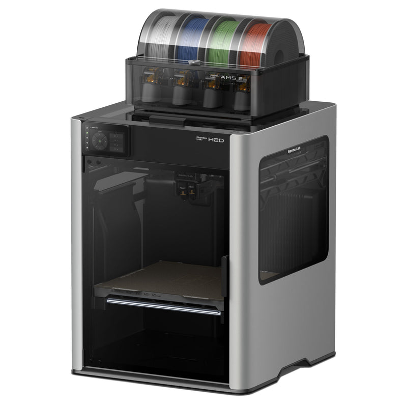 Grey and black Bambu 3D printer with colorful filament spools