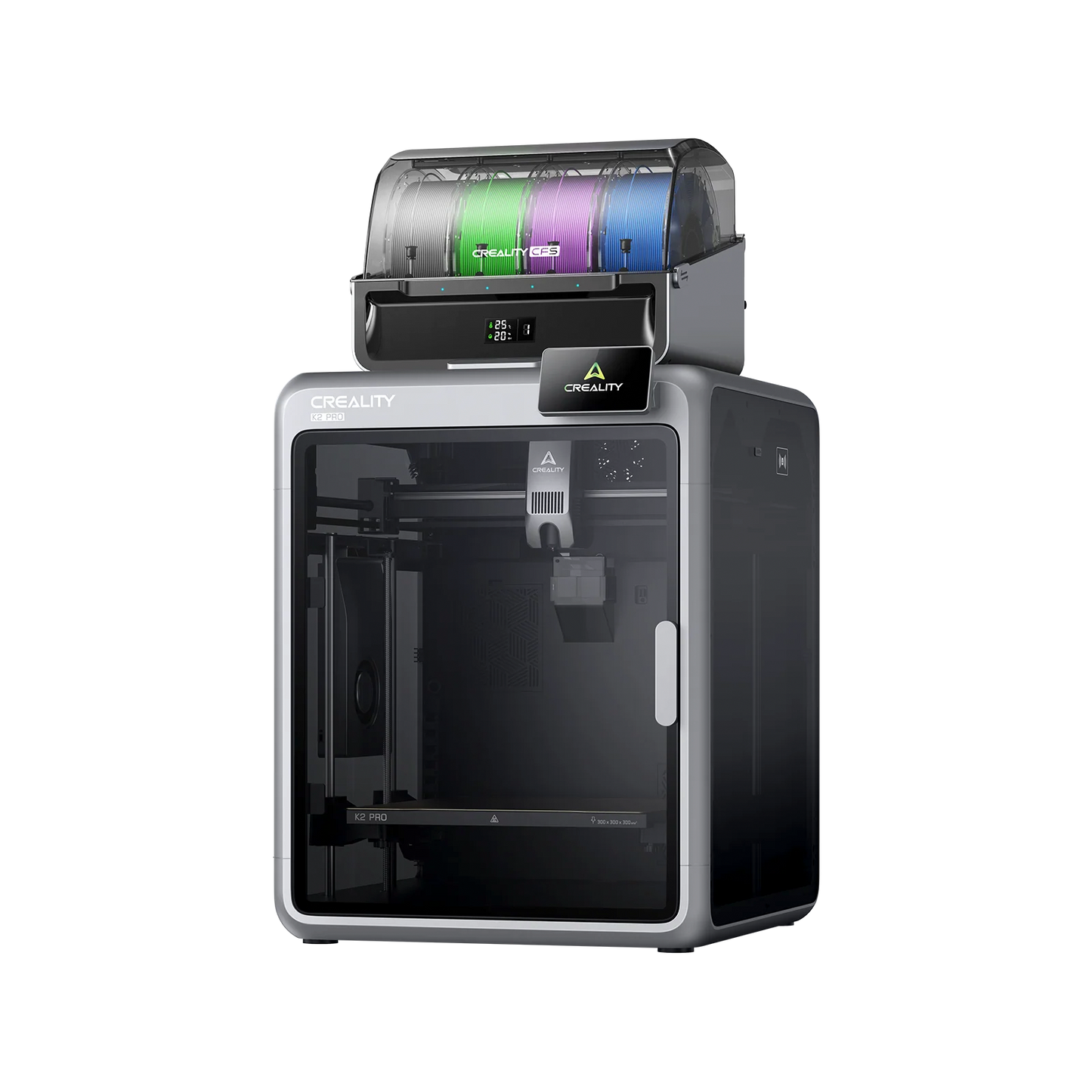 Creality 3-D printer with gray, green, purple, and blue filament