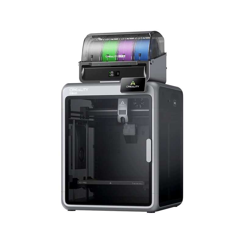 Creality 3-D printer with gray, green, purple, and blue filament