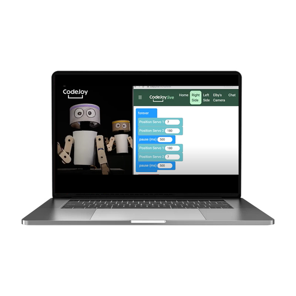 Laptop displaying a CodeJoy coding interface with robot illustrations