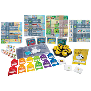 Set of Bee-Bot robots with curriculum, robot covers, obstacle course, mats, and activity tins